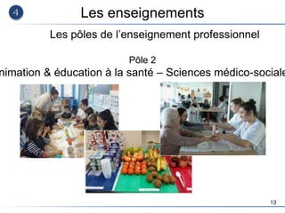 13
Les enseignements
Les pôles de l’enseignement professionnel
Pôle 2
nimation & éducation à la santé – Sciences médico-sociale
 