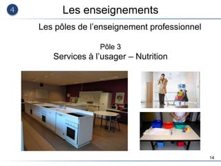 14
Les enseignements
Les pôles de l’enseignement professionnel
Pôle 3
Services à l’usager – Nutrition
 