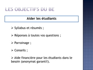 Les objectifs du BEAider les étudiants Syllabus et résumés ;