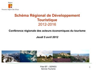 Schéma Régional de Développement
              Touristique
               2012-2016
Conférence régionale des acteurs économiques du tourisme

                   Jeudi 5 avril 2012




                       Pole IEF – DERIES                   1
                        Service Tourisme
 