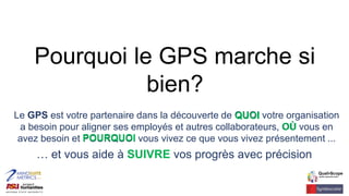 Pourquoi le GPS marche si
bien?
Le GPS est votre partenaire dans la découverte de QUOI votre organisation
a besoin pour aligner ses employés et autres collaborateurs, OÙ vous en
avez besoin et POURQUOI vous vivez ce que vous vivez présentement ...
… et vous aide à SUIVRE vos progrès avec précision
QUOI
OÙ
POURQUOI
 