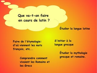 Que va-t-on faire
en cours de latin ?
Étudier la langue latine
S'initier à la
langue grecque
Faire de l'étymologie:
d'où viennent les mots
français, etc...
Étudier la mythologie
grecque et romaine.
Comprendre comment
vivaient les Romains et
les Grecs
 