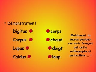 ●
Démonstration !
Digitus
Corpus
Lupus
Caldus
doigt
corpsDigitus
loup
chaud
Maintenant tu
sauras pourquoi
ces mots français
ont cette
orthographe si
particulière... !
 