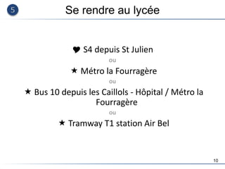 10
Se rendre au lycée
 S4 depuis St Julien
ou
 Métro la Fourragère
ou
 Bus 10 depuis les Caillols - Hôpital / Métro la
Fourragère
ou
 Tramway T1 station Air Bel
 
