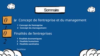 Sommaire
L
e Concept de l’entreprise et du management
1 Concept de l’entreprise
2 Concept du management
0
1
0
2
Finalités de l’entreprises
1 Finalités économiques
2 Finalités humaines
3 Finalités sociétales
Synthèse
 