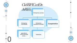 ClaSSIFICatIOn
JuRIdIque
0
Entreprises privées
Entreprise
individuelle
agriculture,
pêche,élevage,
mines…
Entreprise
sociétaire (société)
Industries
Coopérative
 