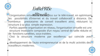 EntRePRISe
vIRtuelle
L’organisation virtuelle se fonde plus sur le télé-travail, en optimisant
les possibilités d’Internet et du travail collaboratif à distance. De
nombreux prestataires de conseil travaillent ainsi, réduisant la
structure à sa plus simple expression.
Parfois appelée organisation en réseau, l’organisation virtuelle est une
structure modulaire composée d’un noyau central de taille réduite et
de fonctions satellites, sous-traitées.
C’est la structure moderne par excellence, qui coïncide avec
le
développement de l’auto entrepreneuriat et de la multi activités des
travailleurs modernes.
 
