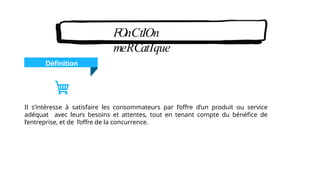 Définition
Il s’intéresse à satisfaire les consommateurs par l’offre d’un produit ou service
adéquat avec leurs besoins et attentes, tout en tenant compte du bénéfice de
l’entreprise, et de l’offre de la concurrence.
FOnCtIOn
meRCatIque
 