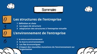 Sommaire
0
5
Les structures de l’entreprise
1 Définition et choix
2 Les types de structure
3 adaptation des structures à l’entreprise virtuelle
L’environnement de l’entreprise
1 le micro-environnement
2 le macro-environnement
3 Les ﬂux économiques
4 L’impact des nouvelles mutations de l’environnement sur
l’organisation
0
6
 