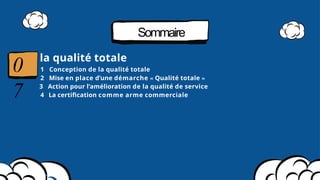 Sommaire
la qualité totale
1 Conception de la qualité totale
2 Mise en place d’une démarche « Qualité totale »
3 Action pour l’amélioration de la qualité de service
4 La certification comme arme commerciale
0
7
 