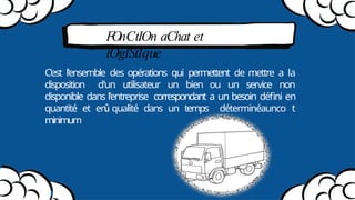 FOnCtIOn aChat et
lOgIStIque
C'est l'ensemble des opérations qui permettent de mettre a la
disposition d'un utilisateur un bien ou un service non
disponible dans l'entreprise correspondant a un besoin défini en
quantité et en qualité dans un temps déterminéaunco t
minimum.
 