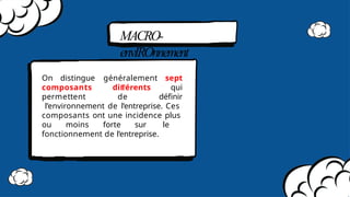 MACRO-
envIROnnement
sept
composants
On distingue généralement
diﬀérents qui
permettent de définir
l’environnement de l’entreprise. Ces
composants ont une incidence plus
ou moins forte sur le
fonctionnement de l’entreprise.
 