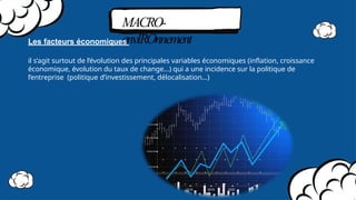 MACRO-
envIROnnement
Les facteurs économiques
il s’agit surtout de l’évolution des principales variables économiques (inﬂation, croissance
économique, évolution du taux de change…) qui a une incidence sur la politique de
l’entreprise (politique d’investissement, délocalisation…)
 