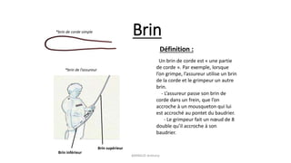 Brin
Un brin de corde est « une partie
de corde ». Par exemple, lorsque
l’on grimpe, l’assureur utilise un brin
de la corde et le grimpeur un autre
brin.
- L’assureur passe son brin de
corde dans un frein, que l’on
accroche à un mousqueton qui lui
est accroché au pontet du baudrier.
- Le grimpeur fait un nœud de 8
double qu’il accroche à son
baudrier.
Définition :
*brin de corde simple
Brin supérieur
Brin inférieur
BARRAUD Anthony
*brin de l’assureur
 