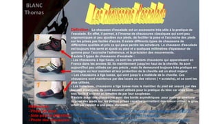 Références :
- Photo de fond :http://www.lequipe.fr/Tous-sports/Actualites/Chamonix-sacre-desgranges/385737
- Aide pour la définition : http://fr.wikipedia.org/wiki/Chausson_d%27escalade
- Photo des chaussons : http://www.sosclimb.com/Nouveau%20dossier/materiel/chaussons.htm
Définition : Le chausson d'escalade est un accessoire très utile à la pratique de
l'escalade. En effet, il permet, à l'inverse de chaussures classiques qui sont peu
ergonomiques et peu ajustées aux pieds, de faciliter la pose et l'accroche des pieds
sur les prises pas faciles d'accès. Il existe différents types de chaussons de
différentes qualités et prix ce qui peux perdre les acheteurs. Le chausson d'escalade
est toujours très serré et ajusté au pied et a quelques millimètres d'épaisseur de
gomme pour l'accroche l’adhérence, et la précision des mouvements.
Il existe 3 types de chaussons d'escalade :
- Les chaussons à tige haute, ce sont les premiers chaussons qui apparaissent en
France dans les années 50. Ils maintiennent jusqu'en haut de la cheville. Ils sont
aujourd'hui peu utilisés car peu précis , mais ils demeurent toujours très pratique en
montagne ou leur maintien et leur protection de la cheville est un atout majeur.
– Les chaussons à tige basse, qui vont jusqu'à a malléole de la cheville. Ces
chaussons sont maintenus par des lacets ou des velcros ( = scratchs), et ce sont les
plus utilisés.
- Les ballerines, chaussons a tige basse mais le maintien du pied est assuré par des
bandes élastiques. Ils sont souvent utilisés pour la pratique du bloc car elles sont
très facile à enlever et remettre de par leur souplesse.
Il existe aussi des chaussons avec des bords asymétriques pour pouvoir améliorer
la pose des pieds sur les petites prises car elles permettent des mieux utiliser le gros
orteil par rapport a une paire standard.
 