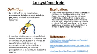 Le système frein
Définition:
• Le système frein est constitué du
mousqueton à vis (en orange) + du frein
(en jaune) accroché au baudrier de
l’assureur.
• Il en existe plusieurs sortes tel que le huit,
le neuf, le demi-cabestan, la plaquette avec
ou sans ressort, les tubes et le reverso. En
approfondissement, ce sont les
mousquetons à vis qui sont utilisés et
concernant les freins, on retrouve
principalement la plaquette, les tubes et le
reverso.
Explication:
• Le système frein permet d’éviter la chute au
grimpeur ou de ralentir la vitesse de la
chute. Lors de la descente du grimpeur,
l’intérêt du système frein et de le faire
descendre calmement et non de manière
brutale. Plus l’angle de la corde sera fermé
et plus le freinage sera doux, car il y a un
frottement important entre la corde et le
métal, et donc une perte d’énergie.
Référence:
http://boutique.lesartsdelagrimpe.com/assureur-
huit-couleur-p-193.html
http://fr.wikipedia.org/wiki/Syst%C3%A8me_d'ass
urage
http://www.decathlon.fr/atc-xp-id_8055443.html
 