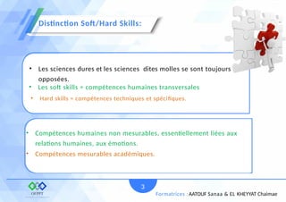 • Les sciences dures et les sciences dites molles se sont toujours
opposées.
• Les soft skills = compétences humaines transversales
Distinction Soft/Hard Skills:
3
• Compétences humaines non mesurables, essentiellement liées aux
relations humaines, aux émotions.
• Compétences mesurables académiques.
Formatrices : AATOUF Sanaa & EL KHEYYAT Chaimae
• Hard skills = compétences techniques et spéciﬁques.
 