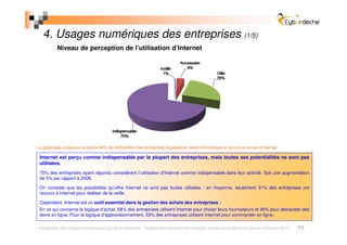 4. Usages numériques des entreprises (1/5)
          Niveau de perception de l’utilisation d’Internet




Le graphique ci-dessus concerne 98% de l’échantillon des entreprises équipées en poste informatique et qui ont un accès à Internet.

 Internet est perçu comme indispensable par la plupart des entreprises, mais toutes ses potentialités ne sont pas
 utilisées.
 70% des entreprises ayant répondu considèrent l’utilisation d’Internet comme indispensable dans leur activité. Soit une augmentation
 de 5% par rapport à 2008.

 On constate que les possibilités qu’offre Internet ne sont pas toutes utilisées : en moyenne, seulement 31% des entreprises ont
 recours à Internet pour réaliser de la veille.

 Cependant, Internet est un outil essentiel dans la gestion des achats des entreprises :
 En ce qui concerne la logique d’achat, 58% des entreprises utilisent Internet pour choisir leurs fournisseurs et 46% pour demander des
 devis en ligne. Pour la logique d’approvisionnement, 53% des entreprises utilisent Internet pour commander en ligne.

 Diagnostic des Usages Numériques par les Entreprises - Analyse des résultats de l’enquête menée en Ardèche au dernier trimestre 2010   13
 