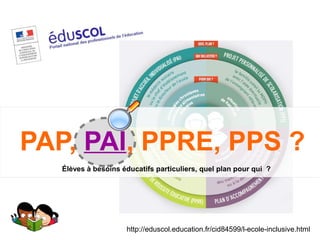 http://eduscol.education.fr/cid84599/l-ecole-inclusive.html
Élèves à besoins éducatifs particuliers, quel plan pour qui  ?...