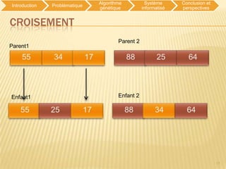 Algorithme           Système     Conclusion et
Introduction   Problématique
                               génétique          informatisé   perspectives


CROISEMENT
                                       Parent 2
Parent1




Enfant1                                Enfant 2




                                                                                15
 