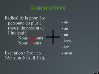 FORMATION
Radical de la première
personne du pluriel
(nous) du présent de
l’indicatif.
Nous fais-ons
Nous all-ons
Exception : être : et-
J'étais, tu étais, il était...
- ais
- ais
- ait
- ions
- iez
- aient