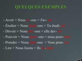 QUELQUES EXEMPLES
- Avoir = Nous av-ons = J'av- ais
- Étudier = Nous étudi-ons = Tu étudi- ais
- Dévoir = Nous dev-ons = elle dev- ait
- Pouvoir = Nous pouv-ons = nous pouv-ions
- Prendre = Nous pren-ons = Vous pren- iez
- Lire = Nous lisons = Ils lis-aient
L