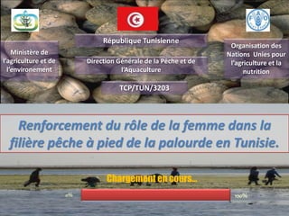 Renforcement du rôle de la femme dans la
filière pêche à pied de la palourde en Tunisie.
Ministère de
l’agriculture et de
l’environement
Organisation des
Nations Unies pour
l’agriculture et la
nutrition
République Tunisienne
Direction Générale de la Pêche et de
l’Aquaculture
TCP/TUN/3203
Chargement en cours…
0% 100%
 