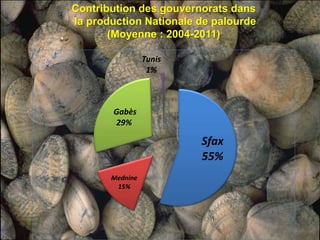 Contribution des gouvernorats dans
la production Nationale de palourde
(Moyenne : 2004-2011)
Sfax
55%
Mednine
15%
Gabès
29%
Tunis
1%
 