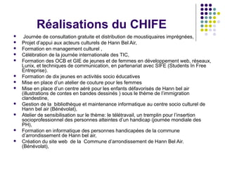 Réalisations du CHIFE
 Journée de consultation gratuite et distribution de moustiquaires imprégnées,
 Projet d’appui aux acteurs culturels de Hann Bel Air,
 Formation en management culturel ,
 Célébration de la journée internationale des TIC,
 Formation des OCB et GIE de jeunes et de femmes en développement web, réseaux,
Lunix, et techniques de communication, en partenariat avec SIFE (Students In Free
Entreprise).
 Formation de dix jeunes en activités socio éducatives
 Mise en place d’un atelier de couture pour les femmes
 Mise en place d’un centre aéré pour les enfants défavorisés de Hann bel air
(illustrations de contes en bandes dessinés ) sous le thème de l’immigration
clandestine,
 Gestion de la bibliothèque et maintenance informatique au centre socio culturel de
Hann bel air (Bénévolat),
 Atelier de sensibilisation sur le thème: le télétravail, un tremplin pour l’insertion
socioprofessionnel des personnes atteintes d’un handicap (journée mondiale des
PH),
 Formation en informatique des personnes handicapées de la commune
d’arrondissement de Hann bel air,
 Création du site web de la Commune d’arrondissement de Hann Bel Air.
(Bénévolat),
 