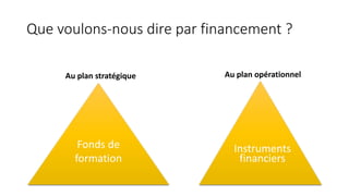 Que voulons-nous dire par financement ? 
Au plan stratégique 
Fonds de 
formation 
Au plan opérationnel 
Instruments 
fina...