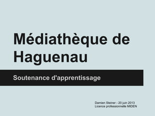 Médiathèque de
Haguenau
Soutenance d'apprentissage
Damien Steiner - 20 juin 2013
Licence professionnelle MIDEN
 