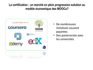 Evaluation par les pairs
Avantages :
Permet des évaluations plus larges que
l’évaluation automatisée
Fonction formative pour les correcteurs
Inconvénients :
Une grande hétérogénéité des
participants
Une (trop) grande variabilité des
contributions
Une qualité des contributions
sommaires et/ou pauvre
 