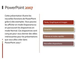 PowerPoint 2007Cette présentation illustre les nouvelles fonctions de PowerPoint grâce à des exemples. Vous pouvez les afficher en mode Diaporama ou en parcourant les diapositives en mode Normal. Ces diapositives sont conçues pour vous donner des idées intéressantes pour les présentations que vous allez créer dans PowerPoint 2007 !