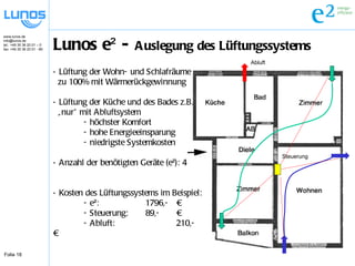 Lunos e² -  Auslegung des Lüftungssystems Lüftung der Wohn- und Schlafräume zu 100% mit Wärmerückgewinnung Lüftung der Küche und des Bades z.B. „ nur“ mit Abluftsystem - höchster Komfort - hohe Energieeinsparung - niedrigste Systemkosten Anzahl der benötigten Geräte (e²): 4 Kosten des Lüftungssystems im Beispiel: - e²:  1796,-  € - Steuerung: 89,-  € - Abluft: 210,-  € Abluft Steuerung 