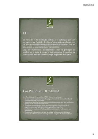 08/05/2013
6
La rapidité et la meilleure fiabilité des échanges par EDI
permettent de fluidifier les flux d'informations échangés, et
de réduire considérablement les coûts de traitement tout en
améliorant la sécurisation des transactions.
Ceci est maintenant indispensable selon la politique de
gestion en « juste à temps » qui augmente le nombre de
transactions à traiter dans un temps de plus en plus court.
Les objectifs assignés au système SINDA étaient les suivants :
Fournir à la douane un moyen efficace pour le contrôle des marchandises à
l’importation et à l’exportation;
Simplifier et accélérer les procédures de dédouanement, sans faire perdre aux
opérations de contrôle leur efficacité;
Appliquer correctement et d’une manière uniforme la législation et la
réglementation que la douane est chargée de faire respecter;
Améliorer les relations et l’échange d’informations entre la douane et ses
partenaires;
Obtenir une information exacte et actualisée, permettant aux différents
niveaux de la hiérarchie une bonne gestion et une prise de décision efficace.
 