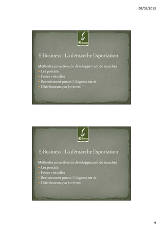 08/05/2013
9
Méthodes proactives de développement de marchés
Les portails
Foires virtuelles
Recrutement proactif d'agents ou de
Distributeurs par Internet
Méthodes proactives de développement de marchés
Les portails
Foires virtuelles
Recrutement proactif d'agents ou de
Distributeurs par Internet
 