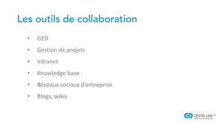 • GED
• Gestion de projets
• Intranet
• Knowledge base
• Réseaux sociaux d’entreprise
• Blogs, wikis
 
