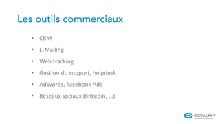 • CRM
• E-Mailing
• Web tracking
• Gestion du support, helpdesk
• AdWords, Facebook Ads
• Réseaux sociaux (linkedin, …)
 