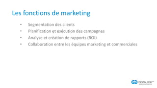 Les fonctions de marketing
• Segmentation des clients
• Planification et exécution des campagnes
• Analyse et création de rapports (ROI)
• Collaboration entre les équipes marketing et commerciales
 