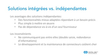Les avantages des solutions indépendantes:
• Des fonctionnalités mieux adaptées répondant à un besoin précis
• Plus simple à mettre en œuvre
• Pas de dépendance vis-à-vis d’un seul fournisseur
Les inconvénients
• Ne communiquent pas entre elles (double saisie, redondance
d’informations)
• Le développement et la maintenance de connecteurs coûtent cher
 