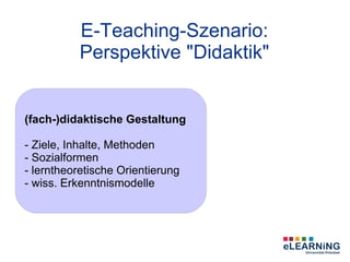 E-Teaching-Szenario:
           Perspektive "Didaktik"


(fach-)didaktische Gestaltung

- Ziele, Inhalte, Methoden
- Sozialformen
- lerntheoretische Orientierung
- wiss. Erkenntnismodelle
 