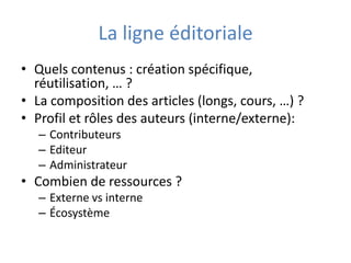 2.0 = Nouveaux enjeux pour les RP ?Redéfinition de la stratégie de présence en ligne Analyse, veille d’opinions, optimisation de contenusDiffusion multi-canaux et multi-ciblesVers une communication personnalisée 1 to 1Cartographie des communautés d’influence dans le secteur donnéBuzz, E-réputation, e-influence : en fonction de l’importance pour le client (B2C, B2B)Evaluer les supports existants/possibles: Site web, blog, wikis, podcast, …Mettre en place les supports/moyens si non existants chez le clientMutualiser et réutiliser les contenus au mieux (exclusivités ?, articles de fond, white papers ?)
