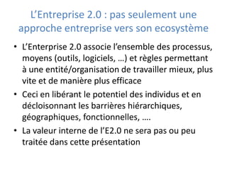 Quelques définitions …Folsksonomie : Une folksonomie désigne un système de classification collaborative décentralisée spontanée, basé sur une indexation effectuée par des non-spécialistes. les contributeurs d'une folksonomie ne sont pas contraints à une terminologie prédéfinie mais peuvent adopter les termes qu'ils souhaitent pour classifier leurs ressources.Tag :Un tag ou étiquette est un mot clé qui décrit ainsi l'objet et permet une classification des informations basée sur les mots-clésPodcasts :Moyen de diffusion de fichiers (audio, vidéo ou autres) sur Internet. Par l’entremise d’un abonnement à un flux RSS, le podcasting permet aux utilisateurs le téléchargement automatique et l’écoute d’émissions audio ou video par des baladeurs numériques en vue d’une écoute immédiate ou ultérieure. Mash-ups : Une application composite (ou mashup ou encore mash-up) est une application qui combine du contenu ou du service provenant de plusieurs applications plus ou moins hétérogènes. 