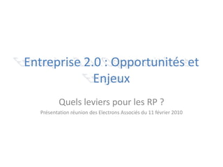 Entreprise 2.0 : Opportunités et Enjeux Quels leviers pour les RP ? Réunion des Electrons Associés du 11 février 2010 François Pichon Consultant Marketing B2B 