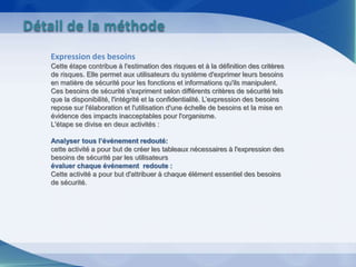 Expression des besoins
Cette étape contribue à l'estimation des risques et à la définition des critères
de risques. Elle permet aux utilisateurs du système d'exprimer leurs besoins
en matière de sécurité pour les fonctions et informations qu'ils manipulent.
Ces besoins de sécurité s'expriment selon différents critères de sécurité tels
que la disponibilité, l'intégrité et la confidentialité. L’expression des besoins
repose sur l'élaboration et l'utilisation d'une échelle de besoins et la mise en
évidence des impacts inacceptables pour l'organisme.
L'étape se divise en deux activités :
Analyser tous l’événement redouté:
cette activité a pour but de créer les tableaux nécessaires à l'expression des
besoins de sécurité par les utilisateurs
évaluer chaque événement redoute :
Cette activité a pour but d'attribuer à chaque élément essentiel des besoins
de sécurité.
Détail de la méthode
 