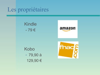 Les propriétaires

      Kindle
       - 79 €



      Kobo
       - 79,90 à
        129,90 €
 