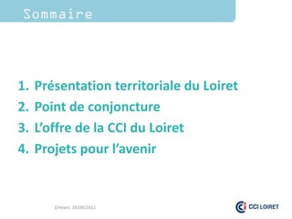 Sommaire



1.   Présentation territoriale du Loiret
2.   Point de conjoncture
3.   L’offre de la CCI du Loiret
4.   Projets pour l’avenir


        Orléans 28/09/2012
 
