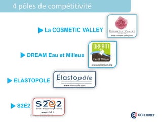 4 pôles de compétitivité

                   La COSMETIC VALLEY
                                                                  www.cosmetic-valley.com




    DREAM Eau et Milieux
                                                   www.poledream.org




ELASTOPOLE
                              www.elastopole.com




 S2E2
                www.s2e2.fr
        Orléans 28/09/2012
 
