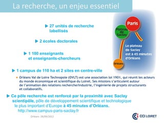 La recherche, un enjeu essentiel

                         27 unités de recherche
                         labellisés

                 2 écoles doctorales


          1 100 enseignants
          et enseignants-chercheurs

  1 campus de 110 ha et 2 sites en centre-ville
   Orléans Val de Loire Technopole (OVLT) est une association loi 1901, qui réunit les acteurs
    du monde économique et scientifique du Loiret. Ses missions s’articulent autour
    de l’animation des relations recherche/industrie, l’ingénierie de projets structurants
    et collaboratifs.

Ce pôle recherche est renforcé par la proximité avec Saclay
scientipôle, pôle de développement scientifique et technologique
 le plus important d’Europe à 45 minutes d’Orléans.
   http://www.campus-paris-saclay.fr
           Orléans 28/09/2012
 