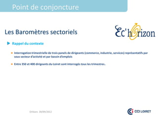 Point de conjoncture


Les Baromètres sectoriels
  Rappel du contexte

   Interrogation trimestrielle de trois panels de dirigeants (commerce, industrie, services) représentatifs par
    sous secteur d’activité et par bassin d’emplois

   Entre 350 et 400 dirigeants du Loiret sont interrogés tous les trimestres.




                Orléans 28/09/2012
 
